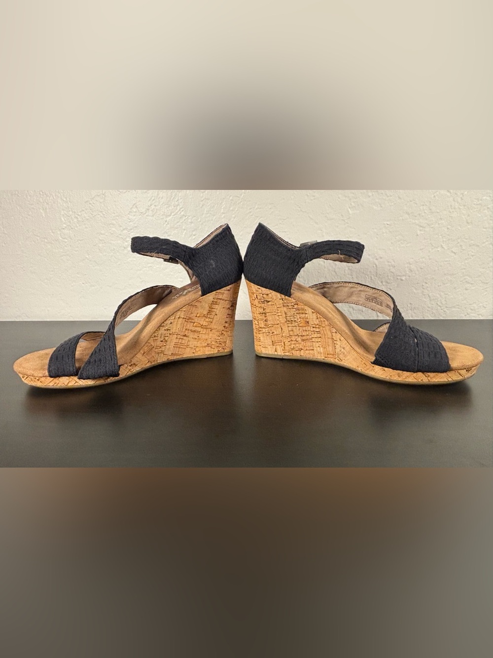 Toms Black Woven Canvas Cork Wedge Summer Spring Classy Sandals  Ankle Strap - Picture 10 of 13